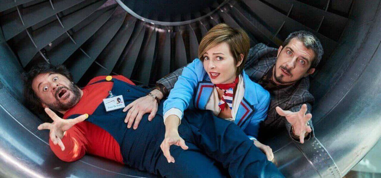 Paolo Ruffini, Violante Placido e Lillo in “Modalità aereo”