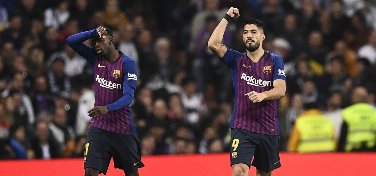 Suarez Dembele esultanza Barcellona lapresse 2019