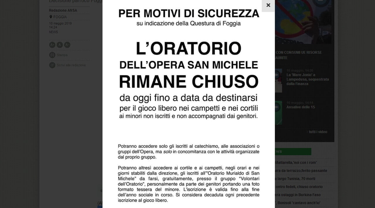 Oratorio chiuso a Foggia