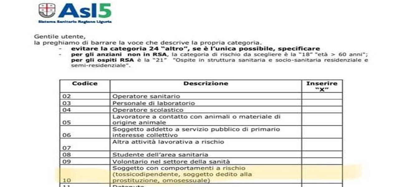 “Gay soggetti a rischio” modulo vaccino Asl La Spezia choc/ "Errore