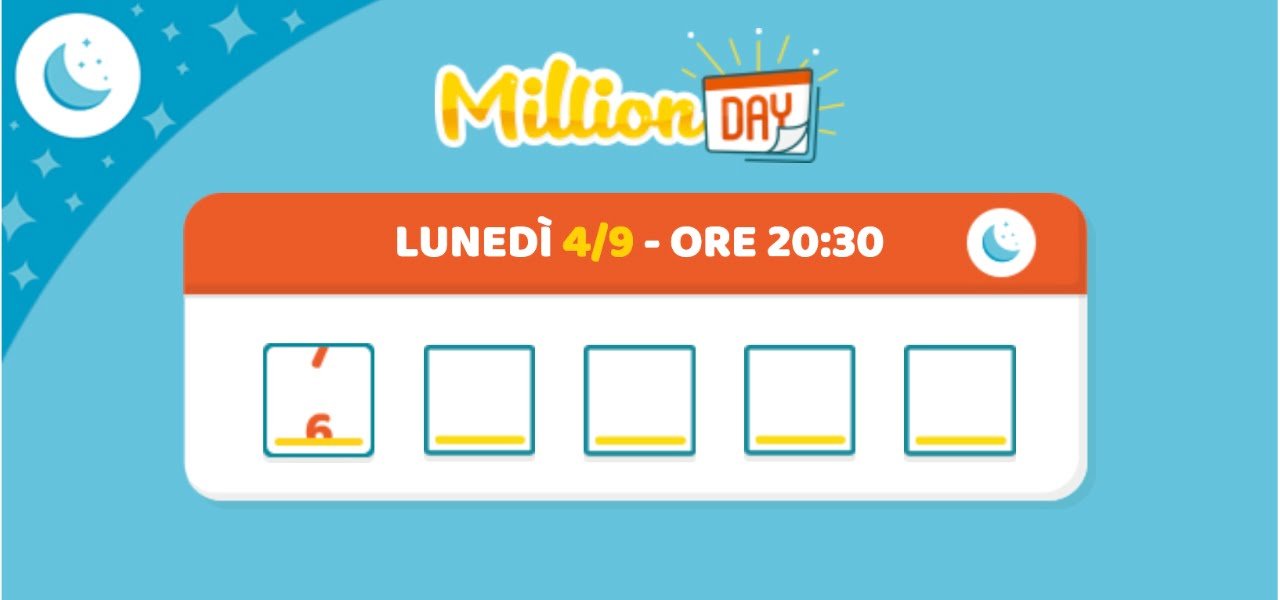 MILLION DAY, I NUMERI VINCENTI/ Estrazione di oggi lunedì 4 settembre 2023 le cinquine e l’Extra MILLION DAY, I NUMERI VINCENTI/ Estrazione di oggi lunedì 4 settembre 2023 le cinquine e l’Extra